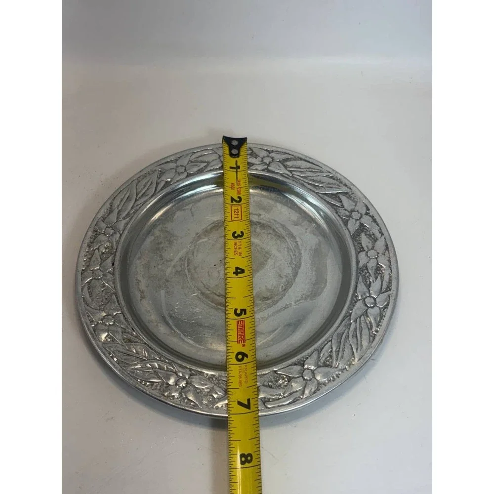 Vintage Floral Embossed Pewter Metal Decorative Plate Charger‎ 7.5 Inch